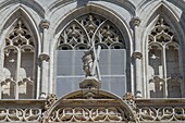 France, Ain, Bourg en Bresse, Royal Monastery of Brou restored in 2018, the church of Saint Nicolas de Tolentino masterpiece of Flamboyant Gothic, detail of the west facade