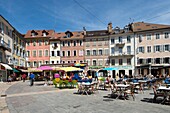 France, Hautes Alpes, Gap, terrace of bistros on the places Jean Marcellin