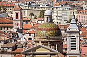 France, Alpes Maritimes, Nice, listed as World Heritage by UNESCO, Old Nice district, dome of the Sainte Reparate Cathedral and Tour de l'Horloge on the left