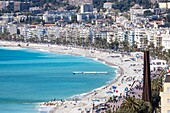 France, Alpes Maritimes, Nice, listed as World Heritage by UNESCO, the Baie des Anges and the Promenade des Anglais, Nine Oblique Lines, Bernard Vernet's steel sculpture represent the 9 hills of the County of Nice on the esplanade Georges Pompidou
