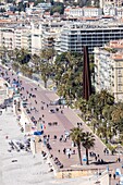 France, Alpes Maritimes, Nice, listed as World Heritage by UNESCO, the Baie des Anges and the Promenade des Anglais, Nine Oblique Lines, Bernar Venet's steel sculpture represent the 9 hills of the County of Nice on the esplanade Georges Pompidou