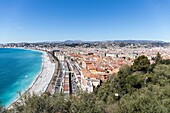 France, Alpes Maritimes, Nice, listed as World Heritage by UNESCO, the Baie des Anges, the Promenade des Anglais and the district of old Nice from the Colline du Château