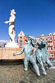France, Alpes Maritimes, Nice, listed as World Heritage by UNESCO, place Massena, the Fontaine du Soleil and the Appollon statue