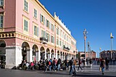 France, Alpes Maritimes, Nice, listed as World Heritage by UNESCO, place Massena and squatting statues of the work called '' Conversation in Nice '' by Catalan artist Jaume Plensa