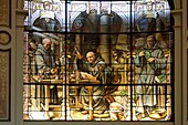 France, Seine Maritime, Pays de Caux, Alabaster Coast, Fecamp, the Gothic Revival and Neo-Renaissance Benedictine Palace, built in the late 19th century, is both the place of production of Benedictine liqueur and Museum, stained glass window depicting Don Bernardo Vincelli inventor of the Benedictine
