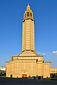 France, Seine Maritime, Le Havre, city rebuilt by Auguste Perret listed as World Heritage by UNESCO, the basin of Commerce, lantern tower of Saint Joseph's church designed by Auguste Perret concrete and inaugurated in 1957