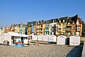 France, Somme, Mers-les-Bains, searesort on the shores of the Channel, the beach and its 300 beach cabins, the chalk cliffs in the background