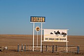 Mongolia, East Mongolia, Steppe area, Panels at the entrance of a village, Welcome