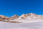 Mongolia, West Mongolia, Altai mountains, Valley with snow and rocks, Sheepfold, Yurt in the snow, goat and sheep farming