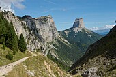 France, Isere, Massif du Vercors, Trieves, Regional Natural Park, hiking at the foot of the Aiguille, underpass and Mount Aiguille
