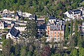France, Indre et Loire, Loire valley listed as World Heritage by UNESCO, Amboise, Clos-Luce castle and troglodytes of rue Victor Hugo (aerial view)