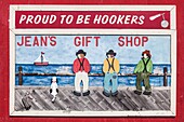 Canada, Nova Scotia, Cabot Trail, Cheticamp, Proud to be Hookers sign of a hooked rug shop, major local craft, ER-CAN-18-01