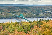 Canada, Nova Scotia, Great Bras d'Or Lake, elevated view of the Seal Island Bridge, autumn