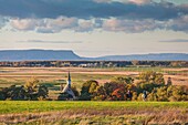 Canada, Nova Scotia, Annapolis Valley, Grand Pre, Grand Pre National Historic Site, site of the deportation of Canada's early French-Acadians by the English, elevated view towards Cape Blomidon, late afternoon