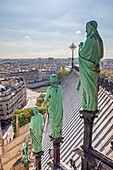 Frankreich, Paris, UNESCO-Welterbegebiet, Kathedrale Notre-Dame auf der Stadtinsel, Apostelstatuen am Fuße des Turms