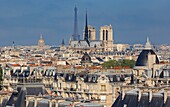 France, Paris, zone listed as World Heritage by UNESCO, Notre-Dame cathedral on the City island, the Eiffel Tower and the Invalides dome