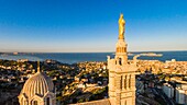 France, Bouches du Rhone, Marseille, Notre Dame de la Garde basilica (aerial view)