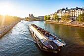 Frankreich, Paris, UNESCO-Welterbegebiet, Ile de la Cite, Kathedrale Notre Dame und ein Flugboot bei Sonnenuntergang