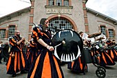 France, Vosges, Gerardmer, Rue de Lorraine, former slaughterhouses, musical entertainment during pricking flowers on the chariots, the day before the Fete des Jonquilles