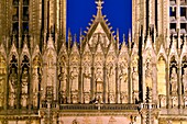 France, Marne, Reims, Notre Dame de Reims cathedral, listed as World Heritage by UNESCO, the western façade, Baptism of Clovis (center) by the Bishop Saint Remi, in the presence of Clotilde, his wife and inspiration of his conversion, the Bishop assistants and of the hermit Montan