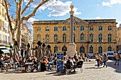France, Bouches du Rhone, Aix en Provence, Place de l'Hotel de Ville (City Hall square) and Fountain of the tanners