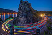 View of trail lights at Baie du Cap from Maconde Viewpoint at dusk, Savanne District, Mauritius, Indian Ocean, Africa