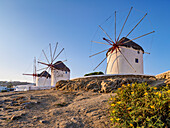 Chora Windmills at sunrise, Mykonos Town, Mykonos Island, Cyclades, Greek Islands, Greece, Europe