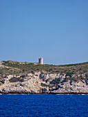 View towards the Tower of Drakano, Icaria Island, North Aegean, Greek Islands, Greece, Europe