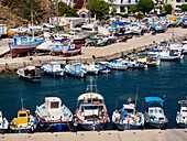 Fishing Boats at the Port in Fournoi, elevated view, Fournoi Island, North Aegean, Greek Islands, Greece, Europe