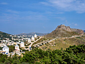 Mittelalterliche Burg und Windmühlen von Pandeli, Insel Leros, Dodekanes, Griechische Inseln, Griechenland, Europa