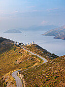 Windmills of Pandeli at sunrise, elevated view, Leros Island, Dodecanese, Greek Islands, Greece, Europe