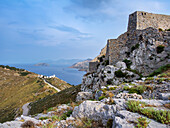 Mittelalterliche Burg und Windmühlen von Pandeli, Insel Leros, Dodekanes, Griechische Inseln, Griechenland, Europa