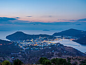 View towards Skala at dusk, Patmos Island, Dodecanese, Greek Islands, Greece, Europe
