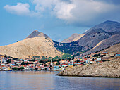 View towards Chalki Village, Emporio, Halki Island, Dodecanese, Greek Islands, Greece, Europe