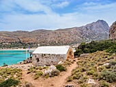 Chapel of All Saints at Cape Tigani, Balos Lagoon, Gramvousa Peninsula, Chania Region, Crete, Greek Islands, Greece, Europe