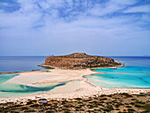 Strand der Lagune von Balos und Kap Tigani, Blick von oben, Halbinsel Gramvousa, Region Chania, Kreta, Griechische Inseln, Griechenland, Europa