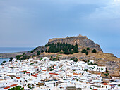 View towards the Acropolis of Lindos, Rhodes Island, Dodecanese, Greek Islands, Greece, Europe