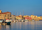 Old Town Marina at sunrise, City of Chania, Crete, Greek Islands, Greece, Europe