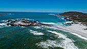 Luftaufnahme eines weißen Sandstrandes, Westküsten-Nationalpark, Westkap-Provinz, Südafrika, Afrika