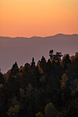 USA, New Mexico, Santa Fe, Wald und Sangre De Cristo-Berge bei Sonnenuntergang
