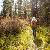 Rear view of woman walking through forest