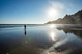 USA, Oregon, Newport, Woman walking on wet sandy beach in sunlight