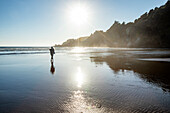 USA, Oregon, Newport, Woman walking on wet beach 