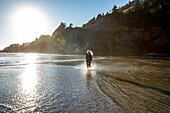 USA, Oregon, Newport, Woman running on sandy beach and splashing water 