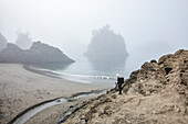 USA, Oregon, Brookings, Senior woman standing on dune over beach 
