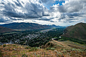 USA, Idaho, Hailey, View south from mountain trail at town in Wood River Valley