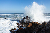 South Africa, Hermanus, Waves crashing against rocks at Kammabaai Beach