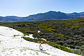 South Africa, Boy (10-11) carrying surfboard in Walker Bay Nature Reserve