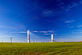 Solar Power Tower in Spanish Countryside Under Blue Sky