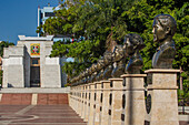 The Altar of the Homeland, Altar de la Patria, in Independence Park in the colonial city of Santo Domingo, Dominican Republic. In front is a row of busts of Dominican national heroes. UNESCO World Heritage Site of the Colonial City of Santo Domingo.